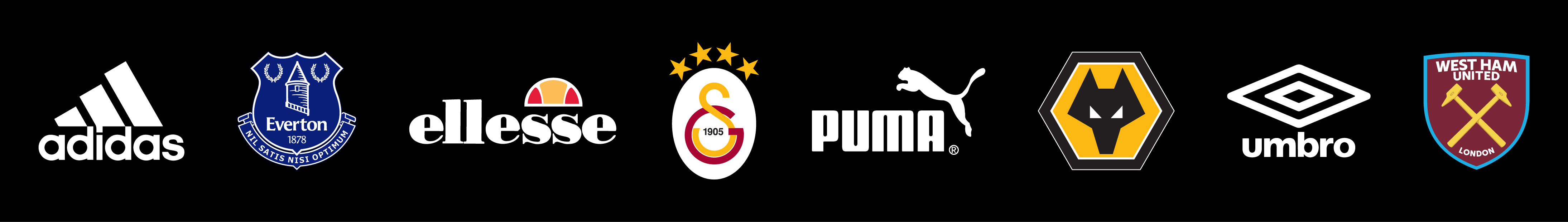 Brand collaborations including Adidas, Everton, Ellesse, Galatasaray, Puma, Wolves, Umbro, West Ham